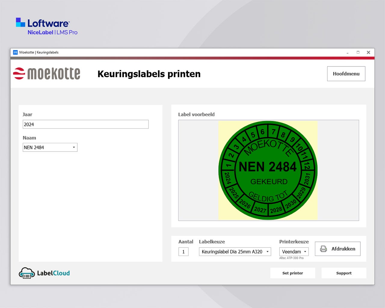 NiceLabel 10 LMS Pro applicatie voor het afdrukken van keuringslabels volgens NEN 2484